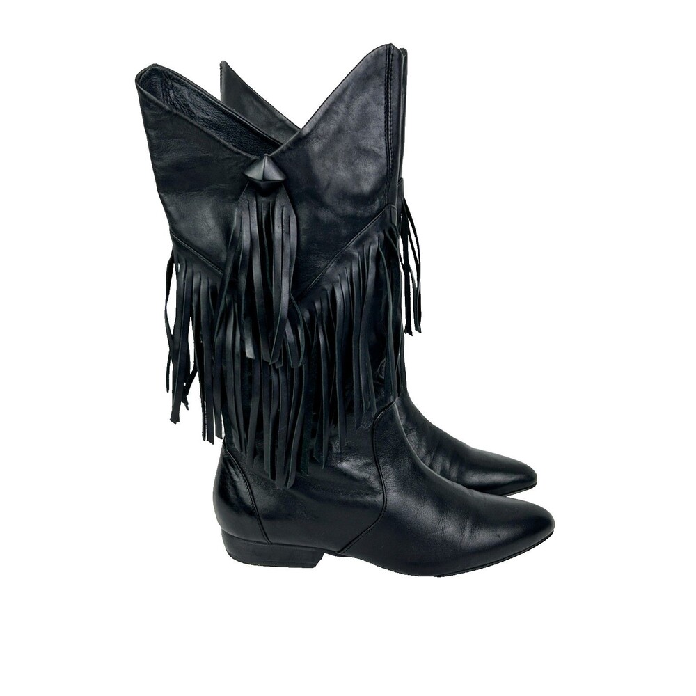 Pour La Victoire Western Cowboy Boots Mid Calf Fringe Leather Pointed Toe 7.5
